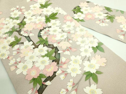 平和屋着物●極上　九寸名古屋帯　枝桜　白茶色地　鬼しぼ縮緬　逸品　DZAA9289kh5