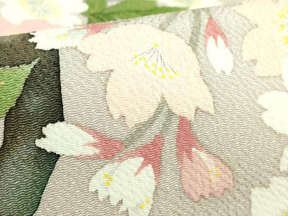 平和屋着物●極上　九寸名古屋帯　枝桜　白茶色地　鬼しぼ縮緬　逸品　DZAA9289kh5