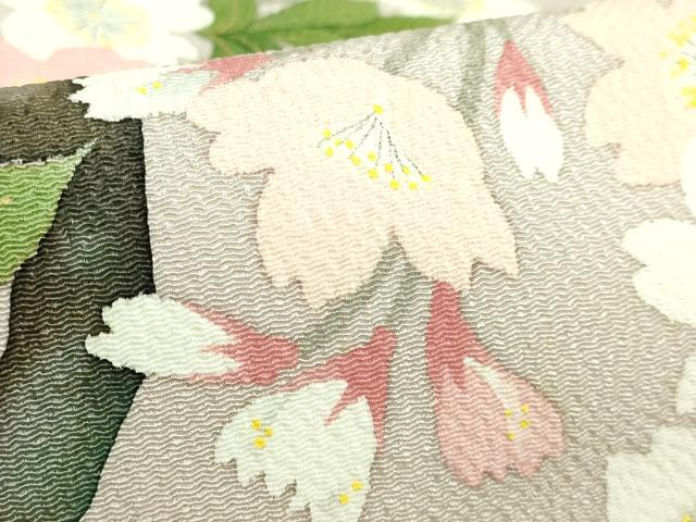 平和屋着物●極上　九寸名古屋帯　枝桜　白茶色地　鬼しぼ縮緬　逸品　DZAA9289kh5