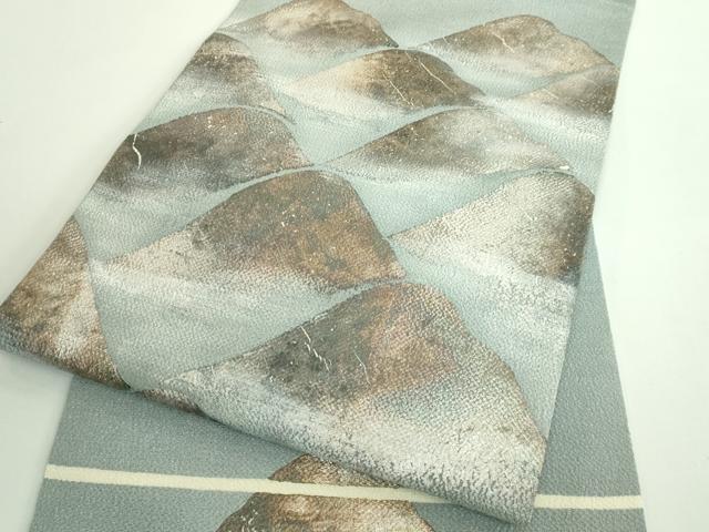 平和屋本店■希少　浦野理一　息子　浦野範雄　九寸開き名古屋帯　遠山文　灰青色地　金銀彩　鬼しぼ縮緬　逸品　DZAA9342kh5