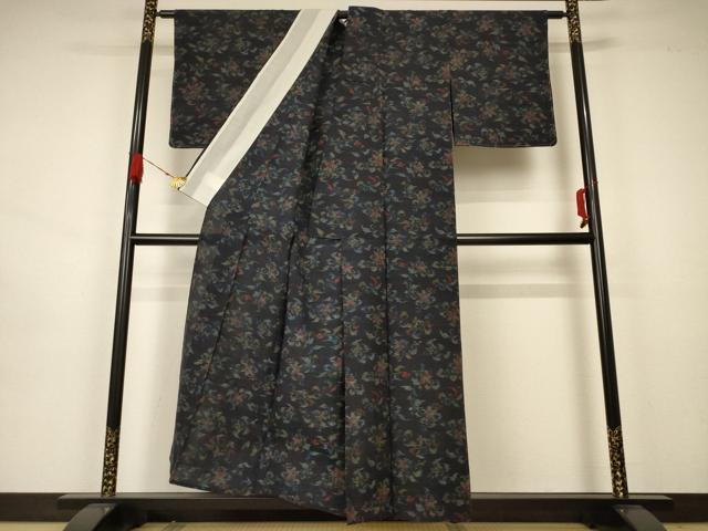 平和屋着物▽上質な紬 　単衣　草花文 　正絹　逸品　未使用　AAAZ8441jd