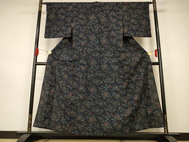 平和屋着物▽上質な紬 　単衣　草花文 　正絹　逸品　未使用　AAAZ8441jd