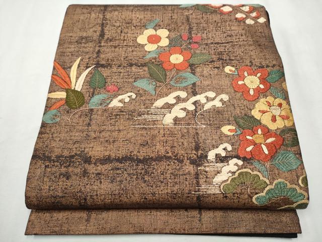平和屋着物●太鼓柄袋帯 紬地 総刺繍 立浪草花文 金彩 正絹 逸品 CAAX1322hy