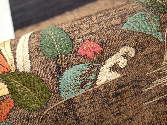 平和屋着物●太鼓柄袋帯 紬地 総刺繍 立浪草花文 金彩 正絹 逸品 CAAX1322hy