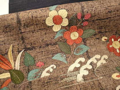 平和屋着物●太鼓柄袋帯 紬地 総刺繍 立浪草花文 金彩 正絹 逸品 CAAX1322hy