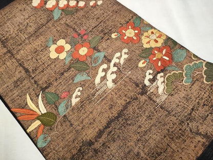 平和屋着物●太鼓柄袋帯 紬地 総刺繍 立浪草花文 金彩 正絹 逸品 CAAX1322hy