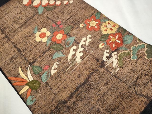 平和屋着物●太鼓柄袋帯 紬地 総刺繍 立浪草花文 金彩 正絹 逸品 CAAX1322hy