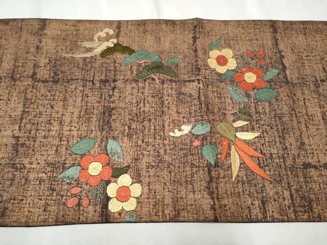 平和屋着物●太鼓柄袋帯 紬地 総刺繍 立浪草花文 金彩 正絹 逸品 CAAX1322hy