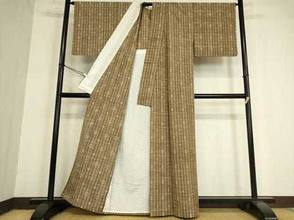 平和屋着物▽上質な紬 単衣 絣格子文 正絹 逸品 DAAV5551az