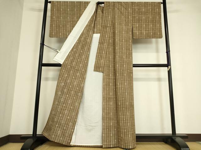平和屋着物▽上質な紬 単衣 絣格子文 正絹 逸品 DAAV5551az