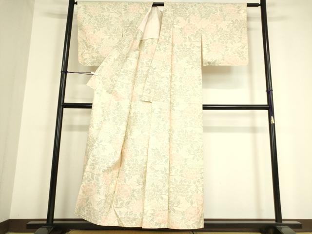 平和屋着物▽上質な紬 単衣 牡丹文 正絹 逸品 DAAV5548az