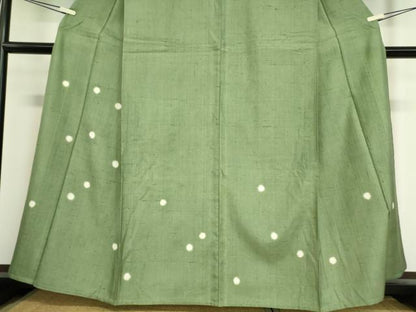 平和屋着物▽訪問着 単衣 紬地 絞り 丸文 松葉色 正絹 逸品 DAAV5566az