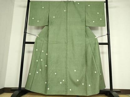 平和屋着物▽訪問着 単衣 紬地 絞り 丸文 松葉色 正絹 逸品 DAAV5566az