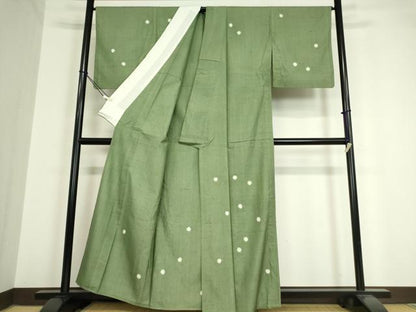 平和屋着物▽訪問着 単衣 紬地 絞り 丸文 松葉色 正絹 逸品 DAAV5566az