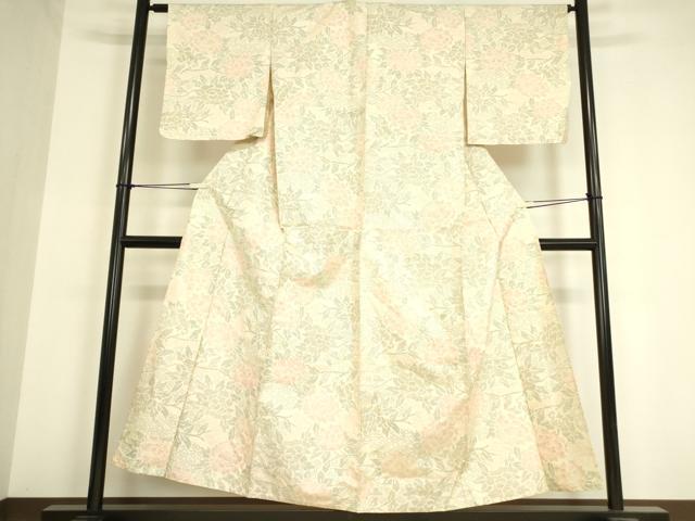 平和屋着物▽上質な紬 単衣 牡丹文 正絹 逸品 DAAV5548az