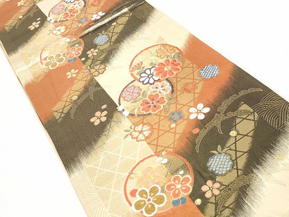 平和屋着物◎六通柄袋帯 唐織 雪芝花丸文 金糸 正絹 逸品 DAAW1343qa