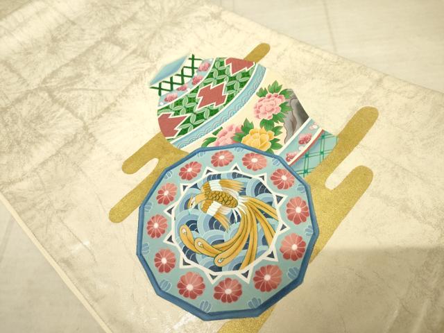 平和屋着物◎六通柄袋帯　陶器花文　金糸　正絹　逸品　AAAZ6179cs