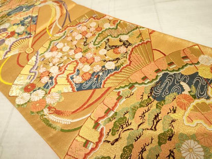 平和屋着物◎六通柄袋帯　唐織　花扇文　金糸　正絹　逸品　AAAZ6175cs