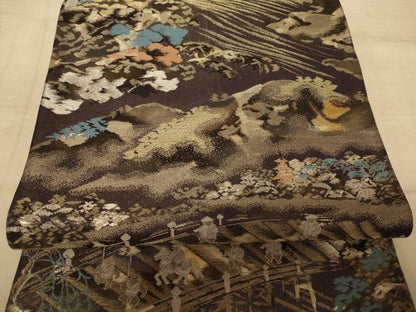 平和屋着物◎六通柄袋帯　風景文　金糸　正絹　逸品　AAAZ6201cs