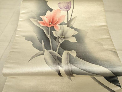 平和屋着物◎六通柄袋帯　草花文　金糸　正絹　逸品　AAAZ6189cs