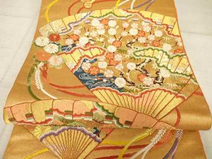 平和屋着物◎六通柄袋帯　唐織　花扇文　金糸　正絹　逸品　AAAZ6175cs