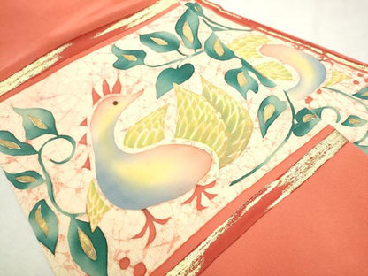 平和屋着物●九寸名古屋帯　作家物　臈纈染め　唐草文　金彩　絹　逸品　CAAX1521hy