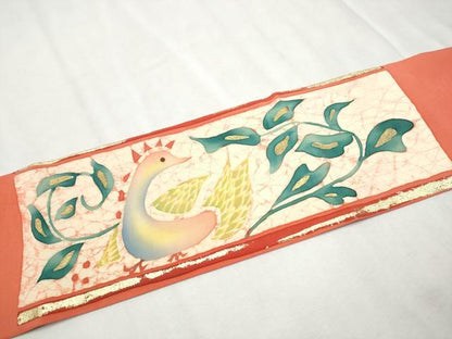 平和屋着物●九寸名古屋帯　作家物　臈纈染め　唐草文　金彩　絹　逸品　CAAX1521hy