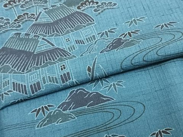 平和屋着物▽訪問着 単衣 紬地 型染め 風景文 正絹 逸品 AAAZ9176fy