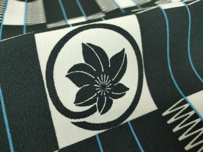 平和屋着物▽小紋 単衣 市松花文 黒地 洗える着物 DAAV5583az