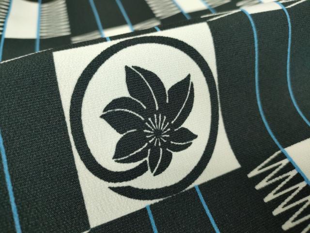 平和屋着物▽小紋 単衣 市松花文 黒地 洗える着物 DAAV5583az