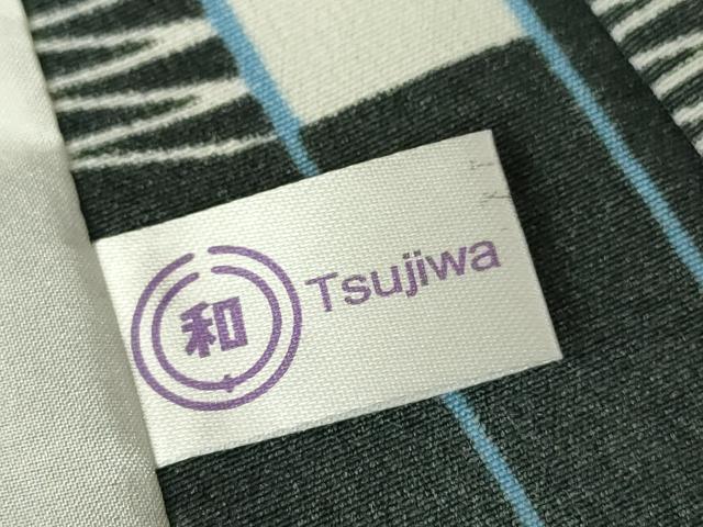平和屋着物▽小紋 単衣 市松花文 黒地 洗える着物 DAAV5583az