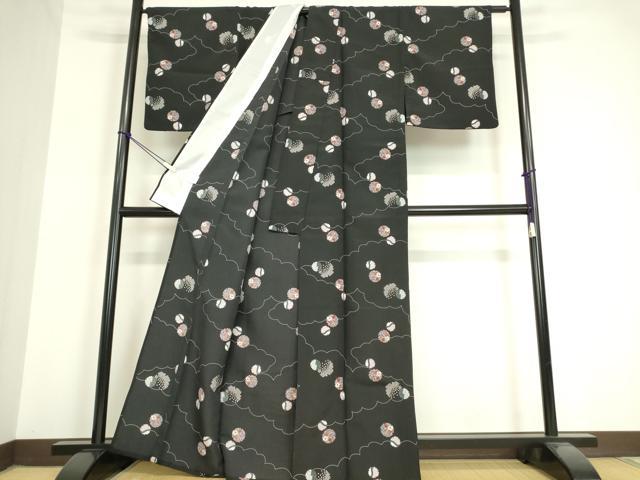 平和屋着物▽小紋 単衣 雲取り雪輪花文 黒地 洗える着物 DAAV5597az