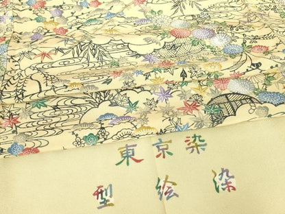 平和屋着物▽上質な小紋　単衣　東京染　型絵染　籬花文　反端付き　正絹　逸品　DAAV5630az