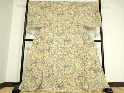 平和屋着物▽上質な小紋　単衣　東京染　型絵染　籬花文　反端付き　正絹　逸品　DAAV5630az