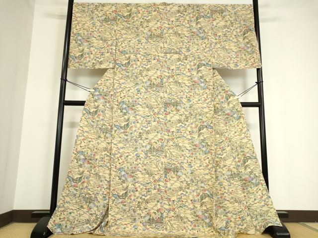 平和屋着物▽上質な小紋　単衣　東京染　型絵染　籬花文　反端付き　正絹　逸品　DAAV5630az