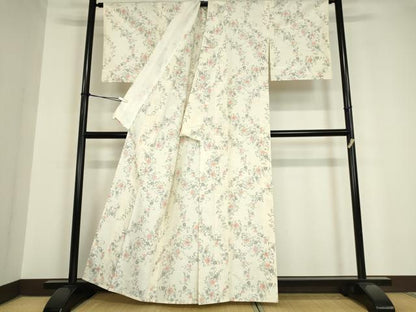 平和屋着物▽上質な紬 単衣 草花文 正絹 逸品 DAAV5669az