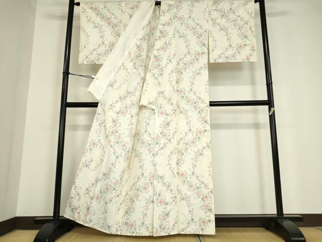 平和屋着物▽上質な紬 単衣 草花文 正絹 逸品 DAAV5669az
