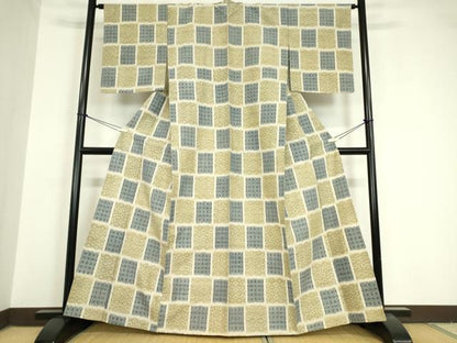 平和屋着物▽上質な紬 単衣 市松吉祥文 正絹 逸品 DAAV5662az