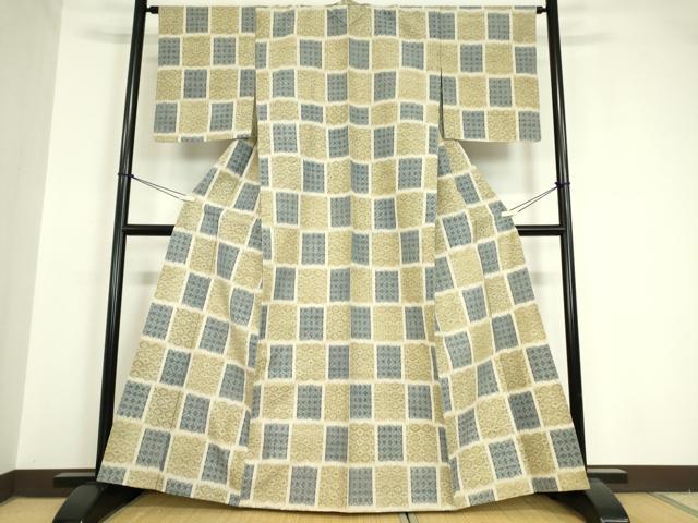 平和屋着物▽上質な紬 単衣 市松吉祥文 正絹 逸品 DAAV5662az