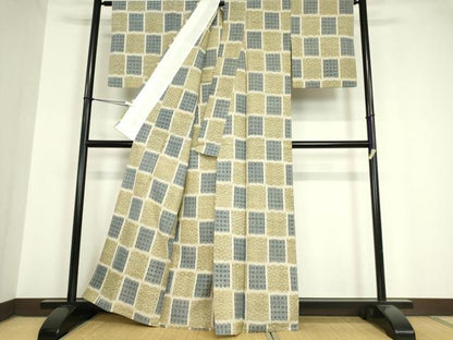平和屋着物▽上質な紬 単衣 市松吉祥文 正絹 逸品 DAAV5662az