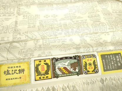 平和屋着物▽本塩沢　単衣　壁画人物花文　110亀甲　証紙付き　正絹　逸品　DAAV5690az