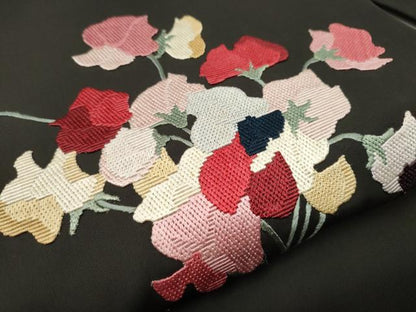 平和屋着物●九寸名古屋帯 総刺繍 枝花文 正絹 逸品 CAAX1558hy