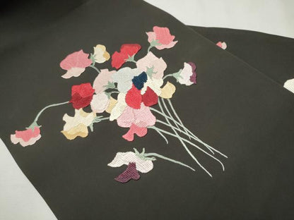 平和屋着物●九寸名古屋帯 総刺繍 枝花文 正絹 逸品 CAAX1558hy