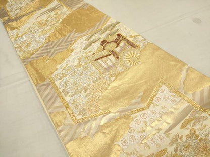 平和屋着物▼六通柄袋帯 御所車花文 金銀糸 正絹 逸品 AABA1394wj