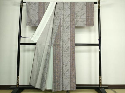 平和屋着物▽上質な紬 単衣 更紗草花文 正絹 逸品 DAAV9983sf