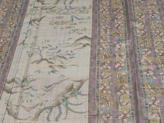 平和屋着物▽上質な紬 単衣 更紗草花文 正絹 逸品 DAAV9983sf
