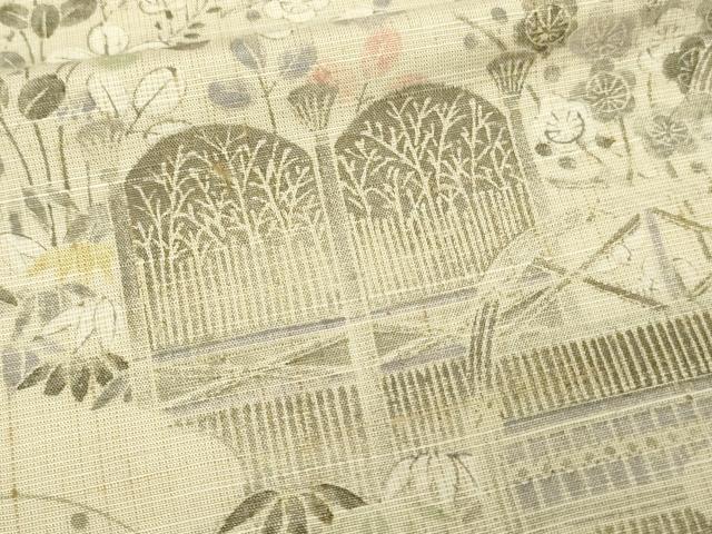 平和屋着物▽上質な小紋 紬地 単衣 風景草花文 正絹 逸品 DAAV9978sf