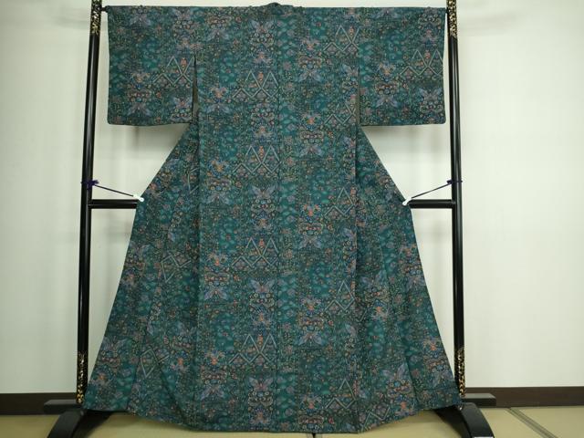 平和屋着物▽小紋 単衣 孔雀更紗花蝶文 暈し染め 洗える着物 DAAW9182sf