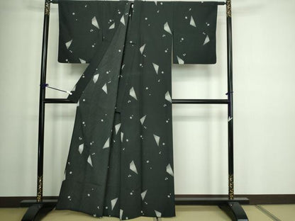 平和屋着物▽小紋 単衣 舞花文 黒地 洗える着物 DAAW9179sf