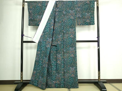 平和屋着物▽小紋 単衣 孔雀更紗花蝶文 暈し染め 洗える着物 DAAW9182sf
